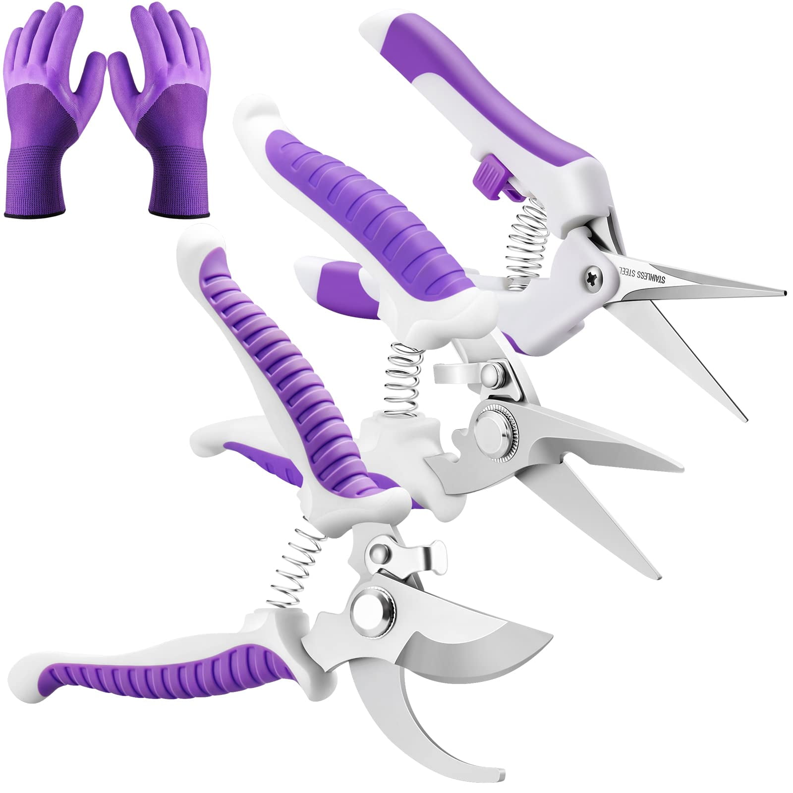 Garden Pruning Shears,Bypass Hand Pruner Stainless Steel Gardening Scissor,Tree Cutter Clippers Secateur Trimmer Kit Set of 3with Gardening Gloves,Purple