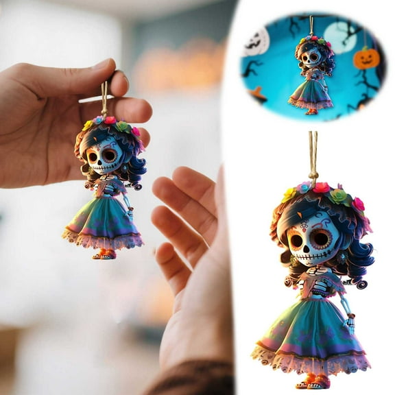 Muertos Decorations, Haunted Doll, Acrylic Muertos Pendant Halloween Ornaments, 2D Punk Acrylic Gothic Ghost Decor with 16 Ft Rope