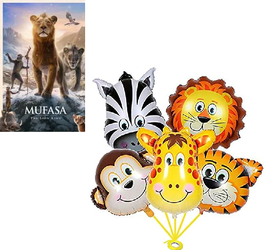 Mufasa: The Lion King (2024) D V D & Jungle Safari Decorations Foil Golden Balloon Pack of 5 Theme (Best Combo Set)
