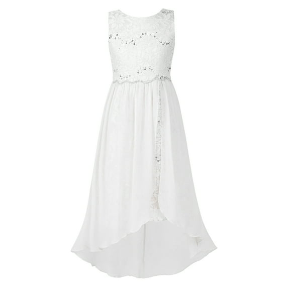 Mufeng Big Girls Chiffon Rhinestone Wedding Flower Girl Dresses Sleeveless High-Low Princess Prom Formal Dance Party Ivory 16
