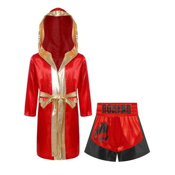 Mufeng Boys Shiny Metallic Boxing Robe MMA Shorts 2Pcs Muay Thai Shorts Set Boxing Training Outfits Red&Black 8