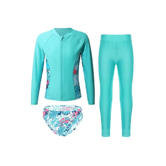 Mufeng Girls 3Pcs Swimsuit Long Sleeve Rash Guard Swim Jacket+Briefs+Leggings Kids Surfing Bathing Suit Palm Leaves 14