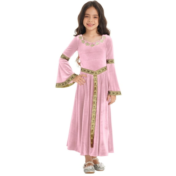 Mufeng Girls Renaissance Queen Gown Velvet Vintage Medieval Princess Long Maxi Dress Pink 12
