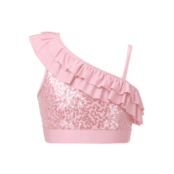 Mufeng Girls Sequin One Shoulder Ballet Dance Crop Top Modern Jazz Hip Hop Ruffle Cami Tank Tops Pink 6