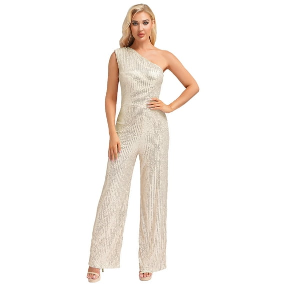 Mufeng Jumpsuit for Women Elegant Sparkly Sequin Party Romper Casual Playsuit Wedding Party Clubwear Beige S