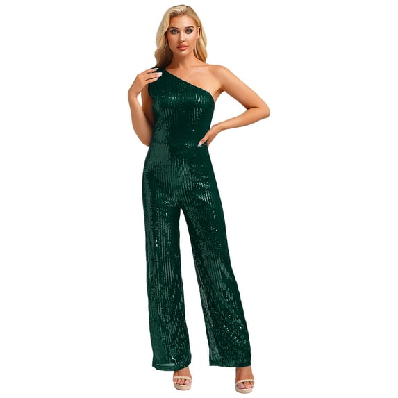 Mufeng Jumpsuit for Women Elegant Sparkly Sequin Party Romper Casual Playsuit Wedding Party Clubwear Dark Green XXL