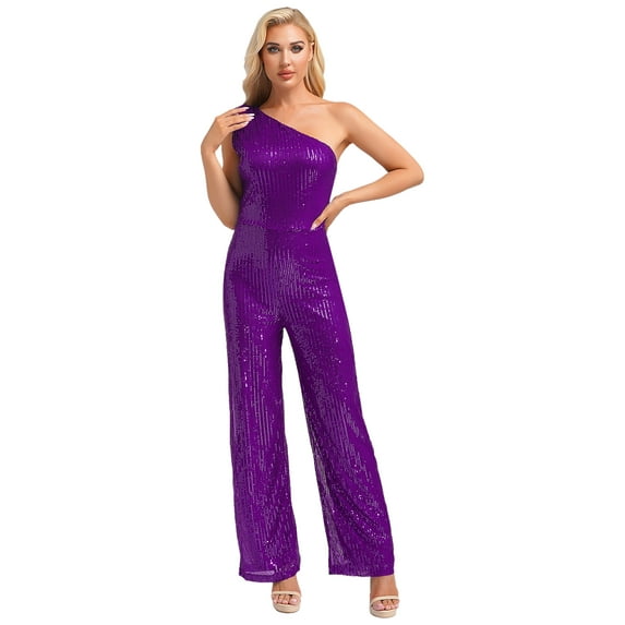 Mufeng Jumpsuit for Women Elegant Sparkly Sequin Party Romper Casual Playsuit Wedding Party Clubwear Purple S