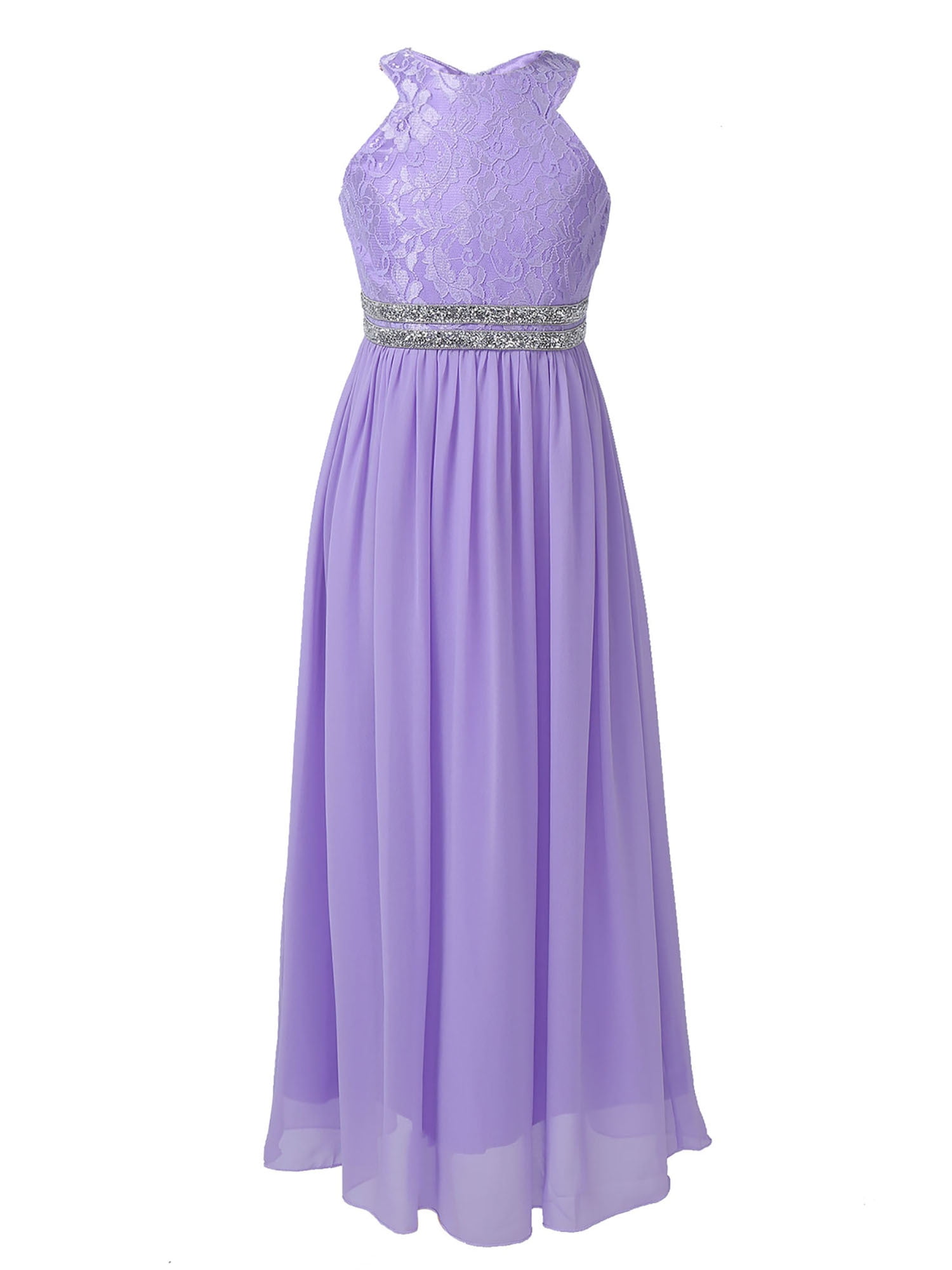 Mufeng Kids Flower Girl Floral Lace Dress Halter Neck Chiffon Long