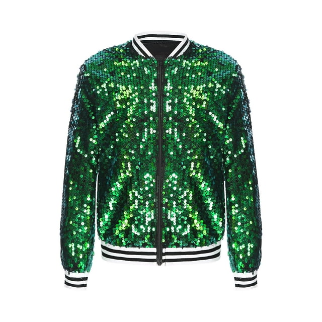 Mufeng Kids Girl's Sequin Baseball Jacket Long Sleeve Fullzip Bomber