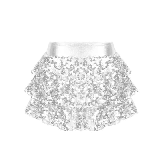 Mufeng Kids Girls 3-Layers Ruffle Sequin Dance Skirt Elastic Waist Sparkle Metallic Skirts for Party Silver 10
