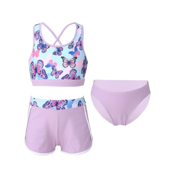 Mufeng Kids Girls 3 Piece Swimsuit Tankini Set Printed Beach Sports Bathing Suit Purple 14