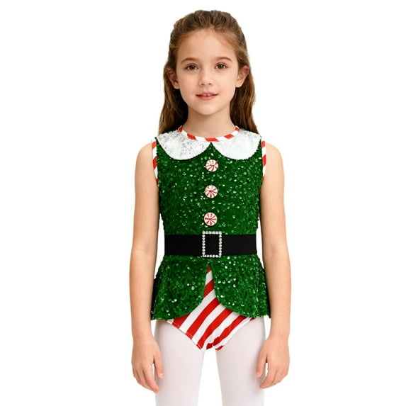 Mufeng Kids Girls Christmas Santa Elf Outfits Candy Cane Stripe Ballet Dance Leotard Stage Red 8