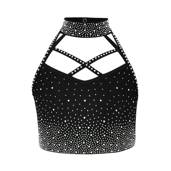 Mufeng Kids Girls Crop Tops Sparkle Rhinestones Halter Gymnastics Dance Tops Stage Performance Dancewear Black 12