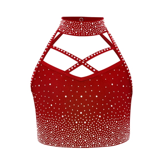 Mufeng Kids Girls Crop Tops Sparkle Rhinestones Halter Gymnastics Dance Tops Stage Performance Dancewear Burgundy 8