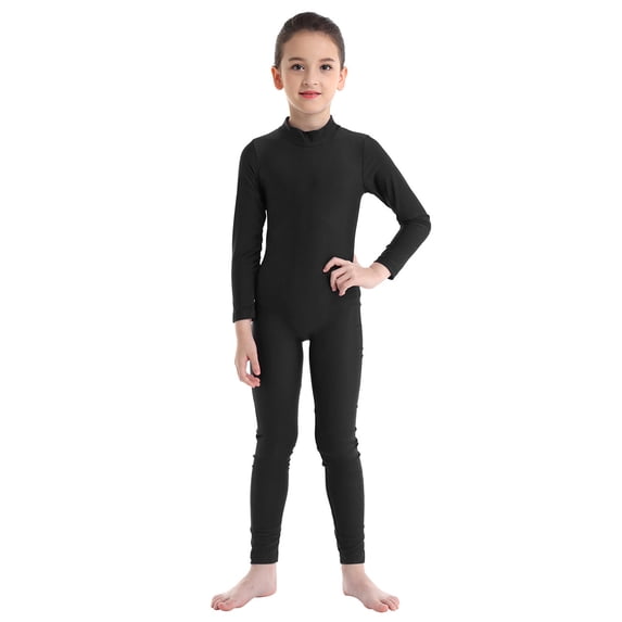 Mufeng Kids Girls Long Sleeve Dance Outfit Full Length Unitard Leotard Bodysuit Gymnastic Jumpsuit Black S