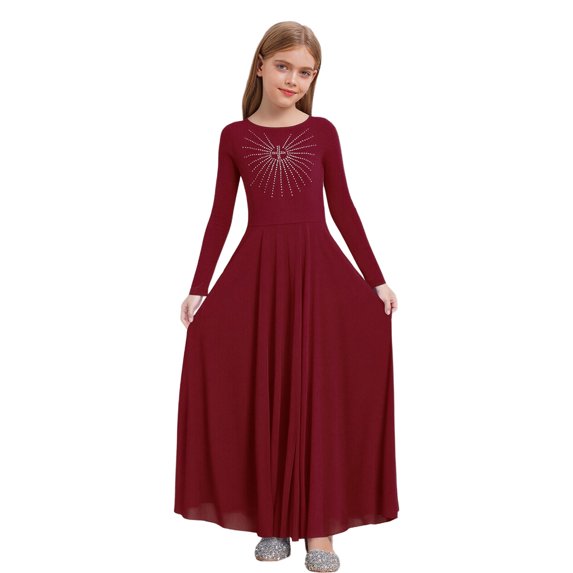 Mufeng Kids Girls Lyrical Praise Dance Dress Long Sleeve Liturgical Maxi Pleated Swing Skirt Worship Burgundy 8