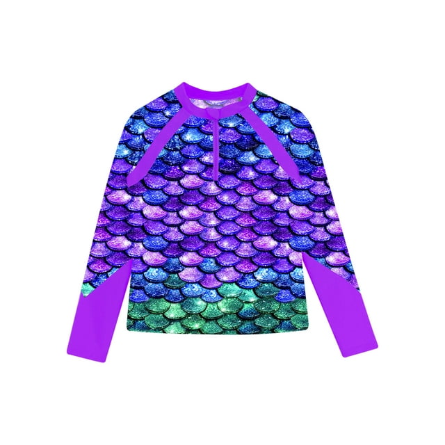 Mufeng Kids Girls Mermaid Fish Scales Swim Shirt Long Sleeve Rash Guard