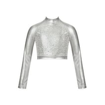 Mufeng Kids Girls Metallic Sequin Dance Crop Top Long Sleeve T-shirt for Modern Hip Hop Jazz Ballet Silver 12