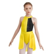 Mufeng Kids Girls Modern Lyrical Ballet Dress Sleeveless Halter Neck Sparkle Leotards Dance Dress Yellow&Black 6