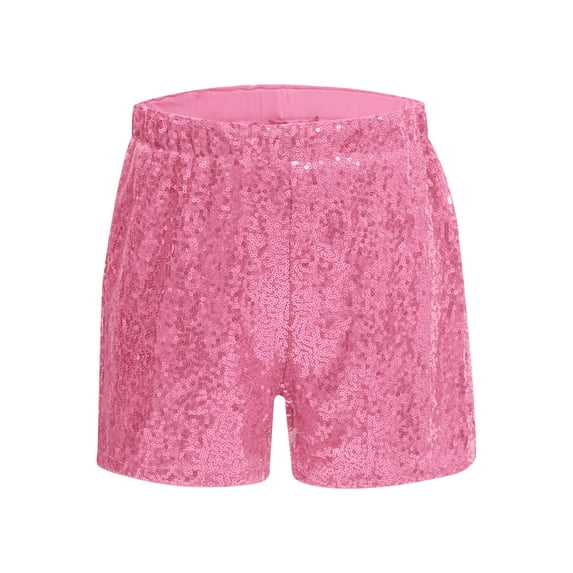 Mufeng Kids Girls Sequin Shorts Sparkly Hip Hop Jazz Dance Shorts Glitter High Waist Rave A Line Pink 14