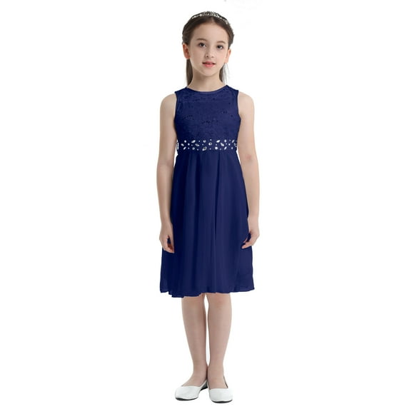 Mufeng Kids Girls Sequins Lace Flower Dress Elegant Beads Wedding Party Formal Prom Gown Dress Navy Blue 8