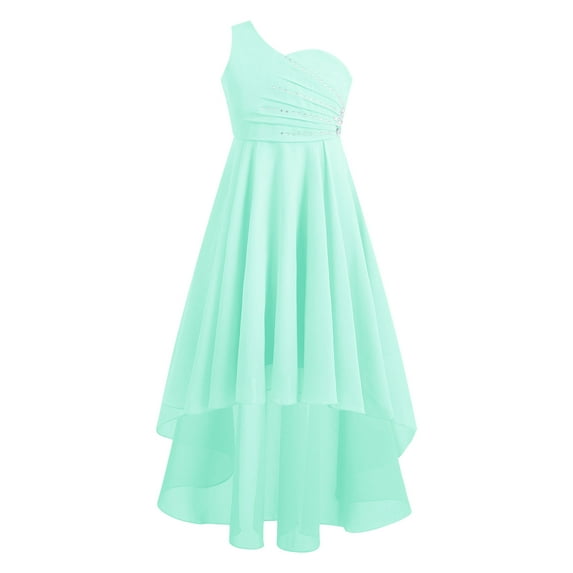 Mufeng Kids Girls Shiny Rhinestones Junior Bridesmaid Dress One Shoulder Chiffon Wedding Birthday Party Dresses Mint Green 6