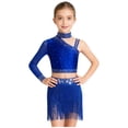 thumbnail image 1 of Mufeng Kids Girls Sparkly Disco Jazz Latin Hip Hop Ballet Lyrical Dance Outfits Crop Top with Fringe Blue 16, 1 of 7