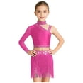 thumbnail image 1 of Mufeng Kids Girls Sparkly Disco Jazz Latin Hip Hop Ballet Lyrical Dance Outfits Crop Top with Fringe Hot Pink 6, 1 of 7