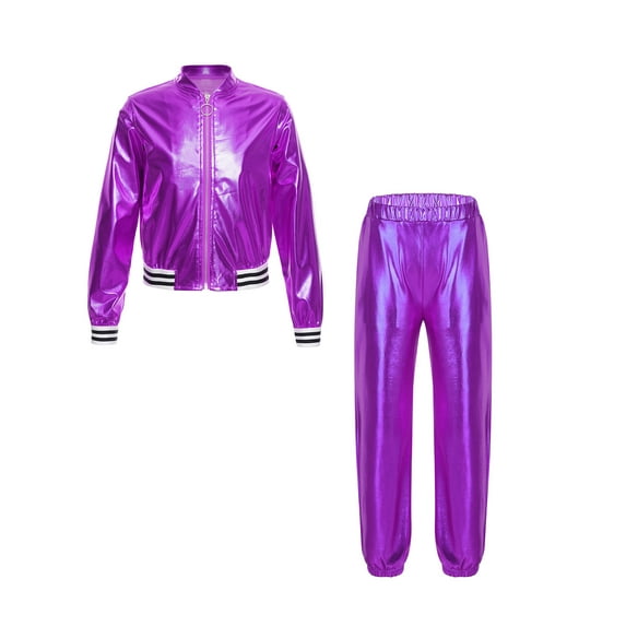 Mufeng Kids Hip Hop Dance Outfit Tracksuit Girls Shiny Metallic Jacket Outerwear and Glitter Jazz Purple 14