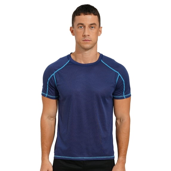 Mufeng Men's Athletic Short Sleeves T-Shirt Rash Guard Performance Tee Shirt Gym Yoga Workout Tops Dark Blue M