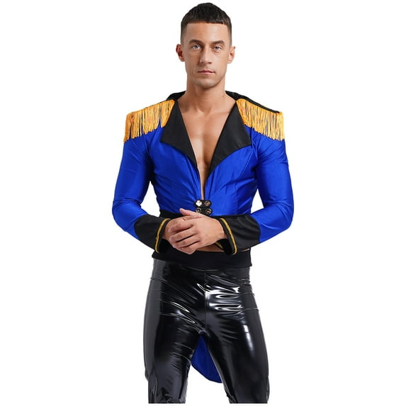 Mufeng Men's Halloween Circus Ringmaster Tailcoat Tassel Long Sleeve Jacket Magician Costume Royal Blue 3XL