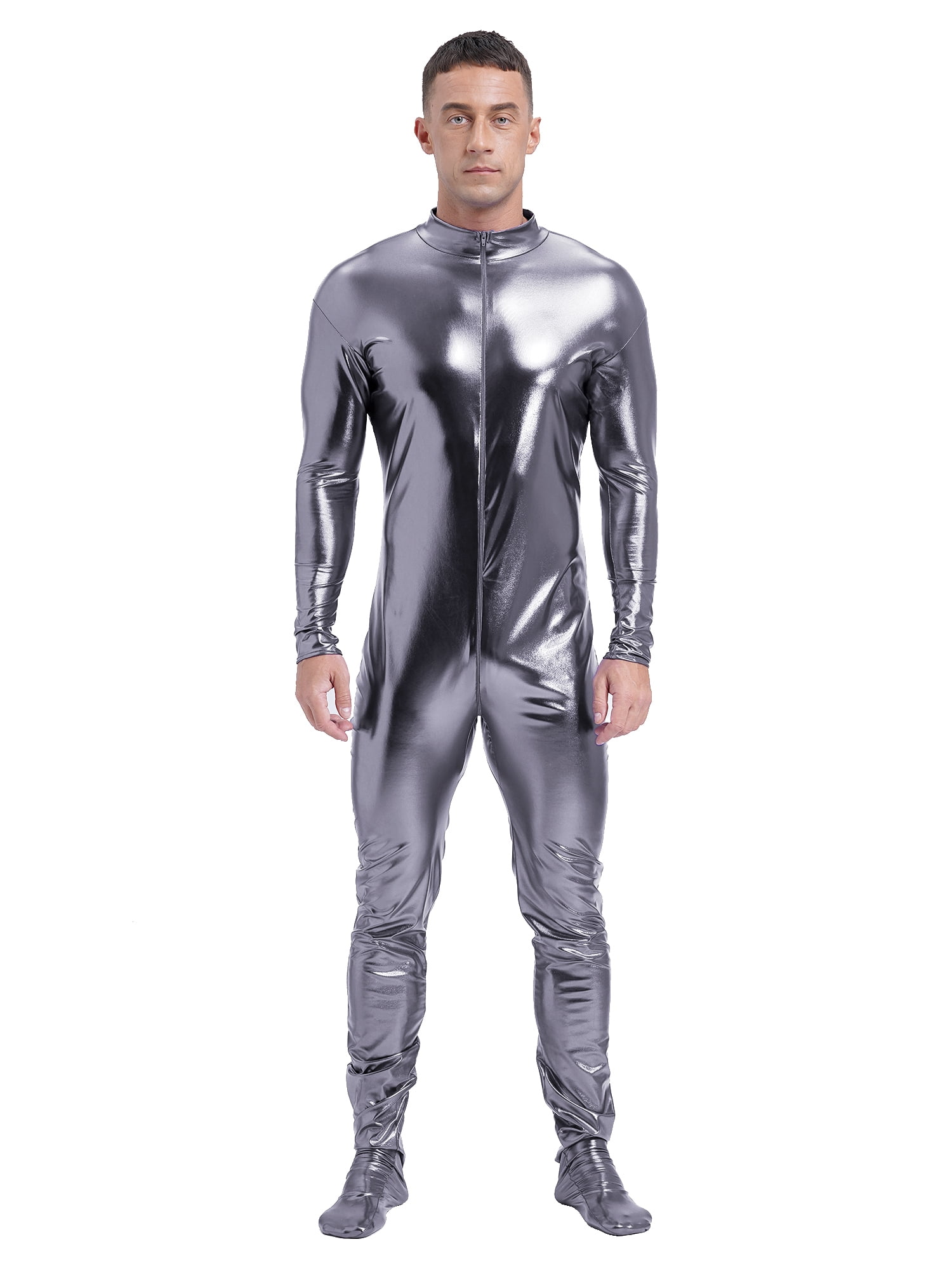 Mufeng Men's Shiny Metallic Full Body Unitard Jumpsuit Mock Neck Long