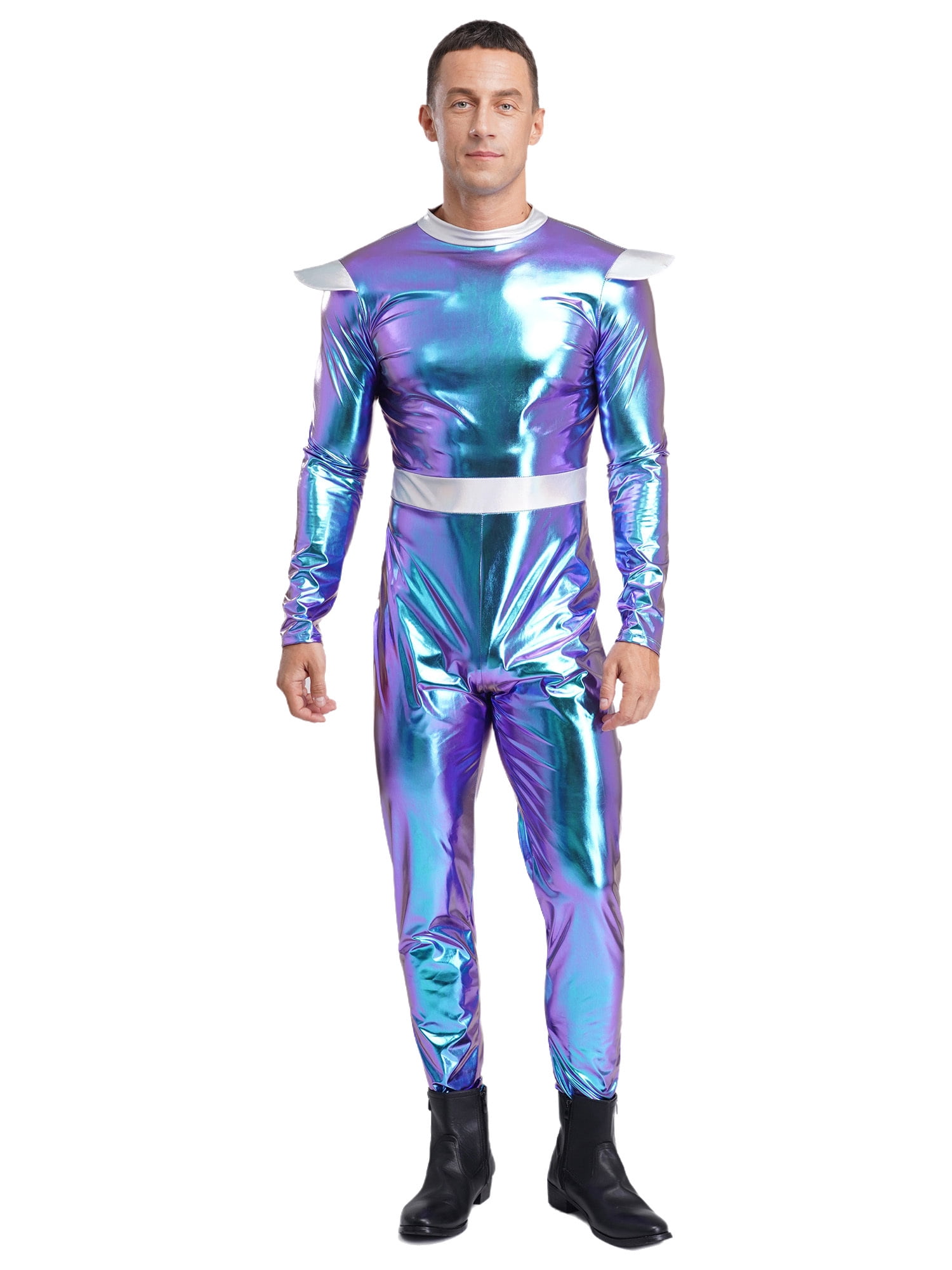 Mufeng Mens Metallic Shiny Alien Themed Outfit Jumpsuit Rave Outfits ...