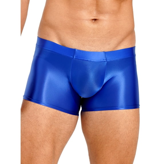 Mufeng Mens Oil Shiny Glossy Shorts Swimwear Sport Fitness Gym Bottoms Boxer Shorts Underwear Blue M