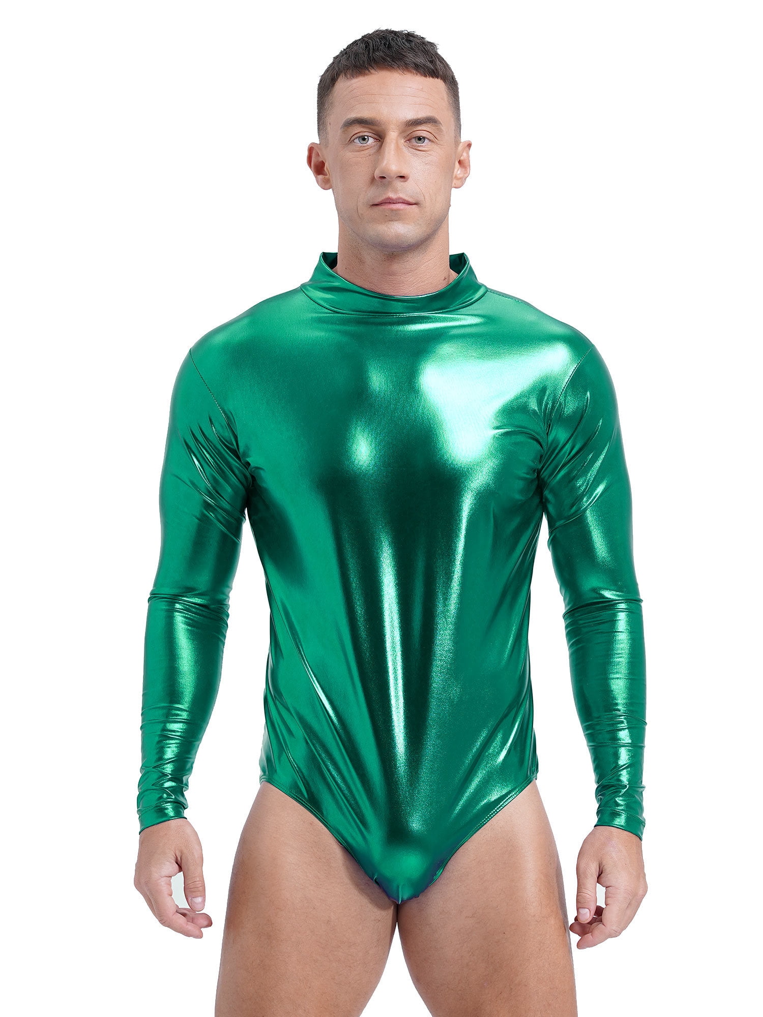 Mufeng Mens Shiny Metallic Bodysuit Swimwear PVC Leather OnePiece