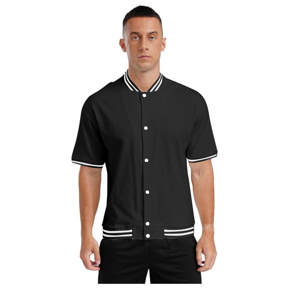 Mufeng Mens Short Sleeve Contrasting Baseball Jacket Casual Fit Press Button Bomber Jackets School Black M