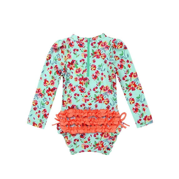 Mufeng Toddler Girls Long Sleeve Ruffle Swimwear One Piece Rash Guard Shirt Swimsuit Bathing Suit Light Green 3-6 Months