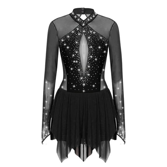 Mufeng Women Glitter Rhinestone Mesh Patchwork Figure Ice Skating Dress Stage Performance Costume Black S