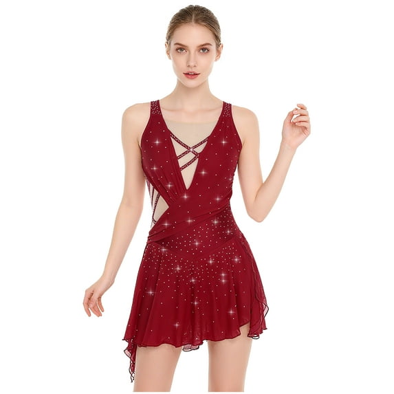 Mufeng Women Lyrical Dance Dress Modern Ballet dress Asymmetrical Tulle Camisole Skirted Leotard Burgundy M