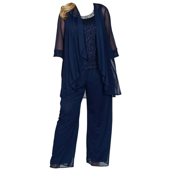 Mufeng Women's 3-Pieces Chiffon Pant Suit Plus Size Mother of Bride Dress Suit Wedding Party Evening Gown 03 Navy Blue 3XL