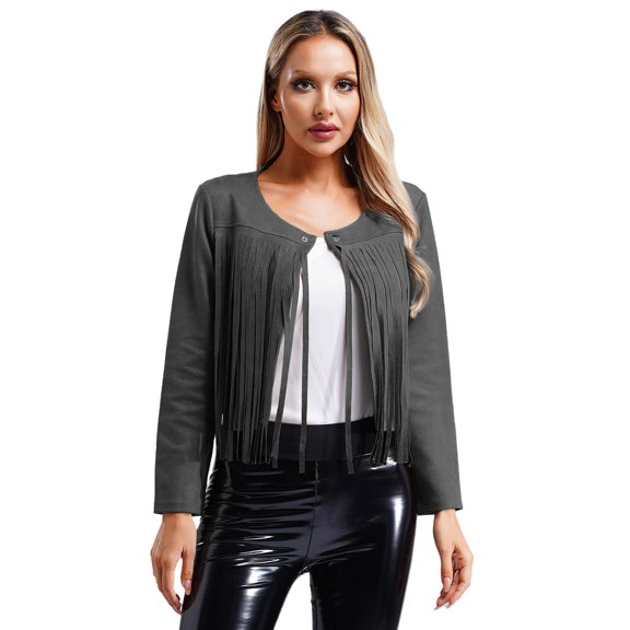 Mufeng Women's Fringe Faux Suede Leather Jackets Fashion Tassel Motorcycle Cropped Coats Outerwear Grey S