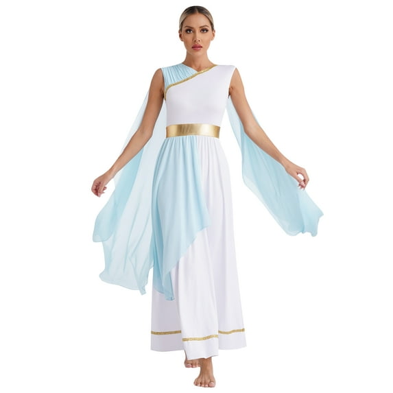 Mufeng Women's Greek God Dress Greece Toga Dress Halloween Party Performance Outfits Light Blue L