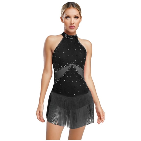 Mufeng Women's Rhinestone Latin Samba Dance Leotard Tassel Salsa Rumba Ballroom Dance Dress Black S