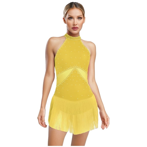 Mufeng Women's Rhinestone Latin Samba Dance Leotard Tassel Salsa Rumba Ballroom Dance Dress Yellow XL