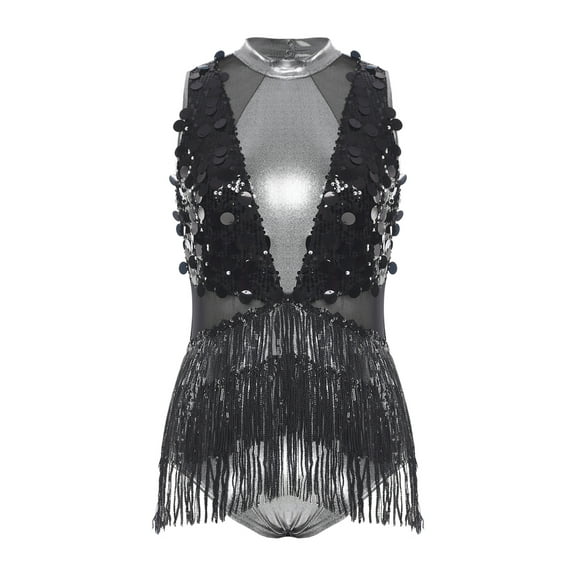 Mufeng Women's Sequin Fringe Latin Ballroom Dance Leotard Samba Rumba Tango dance dress Black L