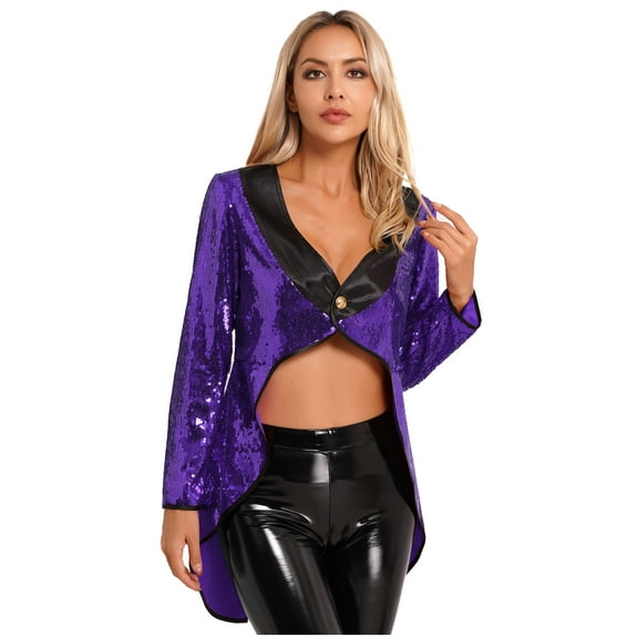 Mufeng Women's Sparkle Sequin Victorian Steampunk Tailcoat Ringmaster Circus Show Jacket Party Wear Purple 3XL