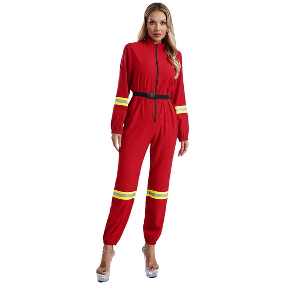 Mufeng Womens Firefighter Jumpsuit with Belt Adult Halloween Party Firemen Bodysuit Romper Costume Red XL