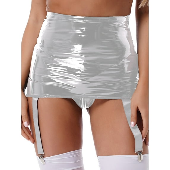 Mufeng Womens High Waist Patent Leather Mini Pencil Skirt Suspenders Stretch Bodycon with Garter Belt Silver XXL