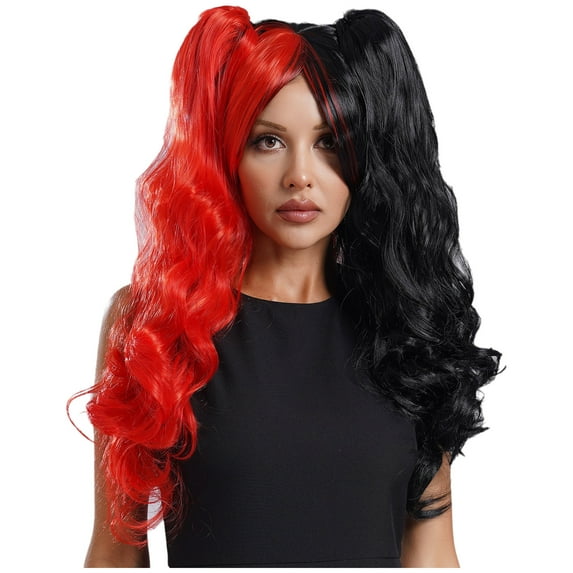 Mufeng Womens Lolita Long Curly 2 Ponytails Clip on Cosplay Wig Anime Lolita Curly Multi-color Wig Black&Red One Size