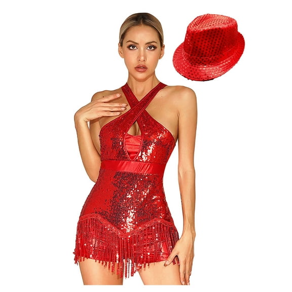 Mufeng Womens Sequined Fringed Leotards with Hat Sets for Latin Jazz Cha Cha Tango Salsa Dance Red M